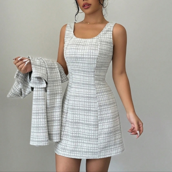 2pcs Women's Spring Autumn Elegant Plaid Short Jacket And Sleevele - Picture 5 of 5